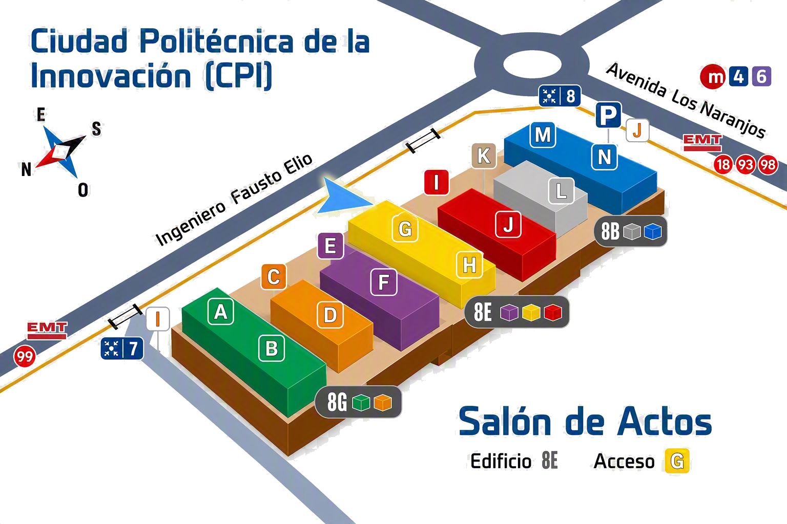 Campus map of Ciudad Politécnica de la Innovación (CPI), showing Salón de Actos in building 8E, access G