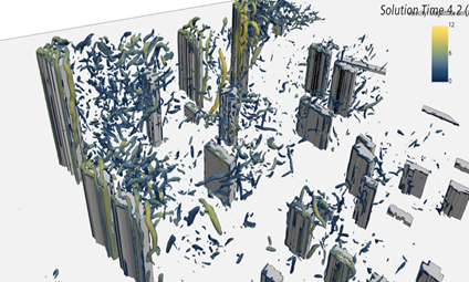 Computational LES simulation of winds in a city: turbulent structures
